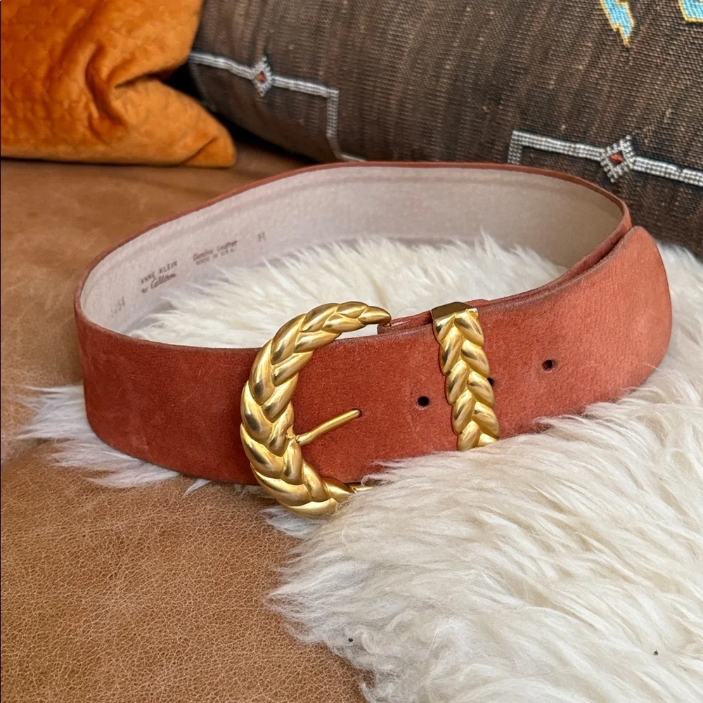 Vintage Anne Klein for Caldron Leather Belt with Gold Leaf Buckle